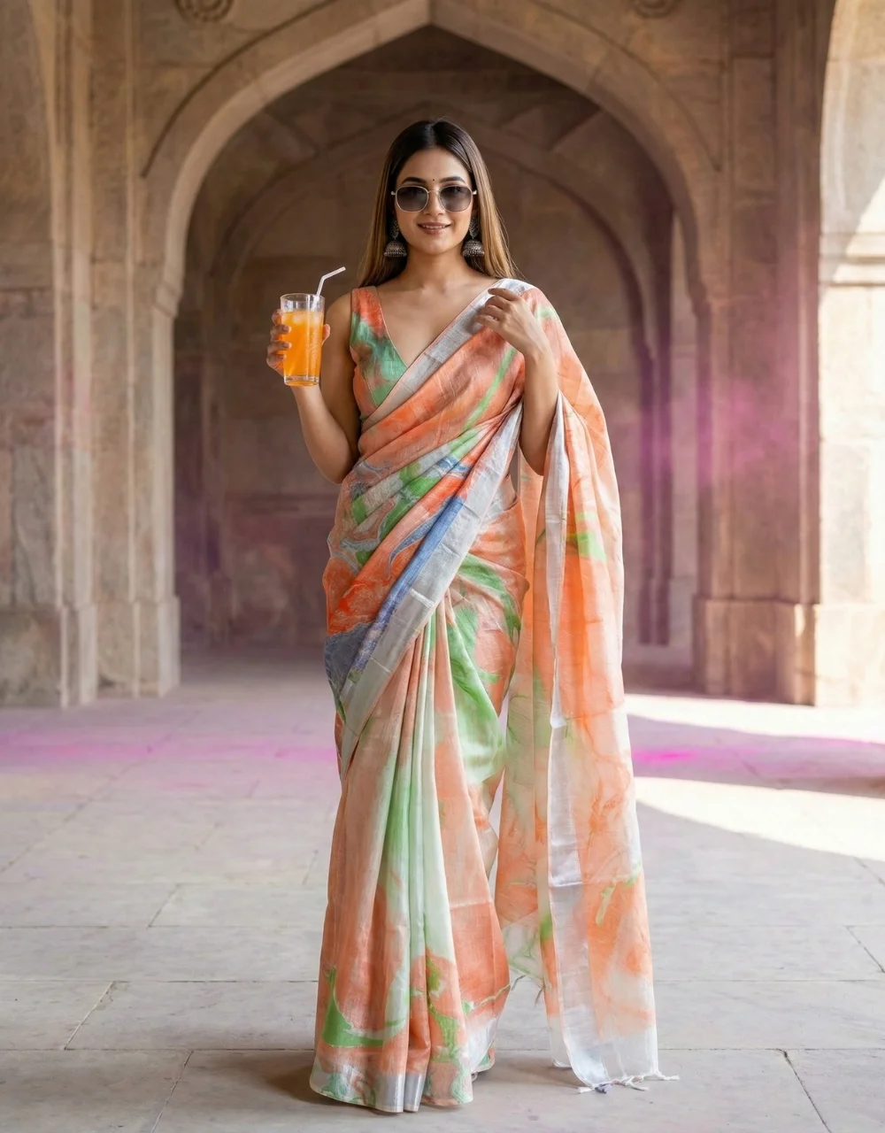 peach-pastel-marble-print-cotton-slub-saree