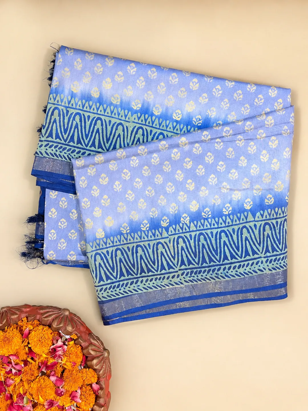 Blue Bhagalpuri Soft Silk Saree With Printed Border & Designer Pallu - View 6