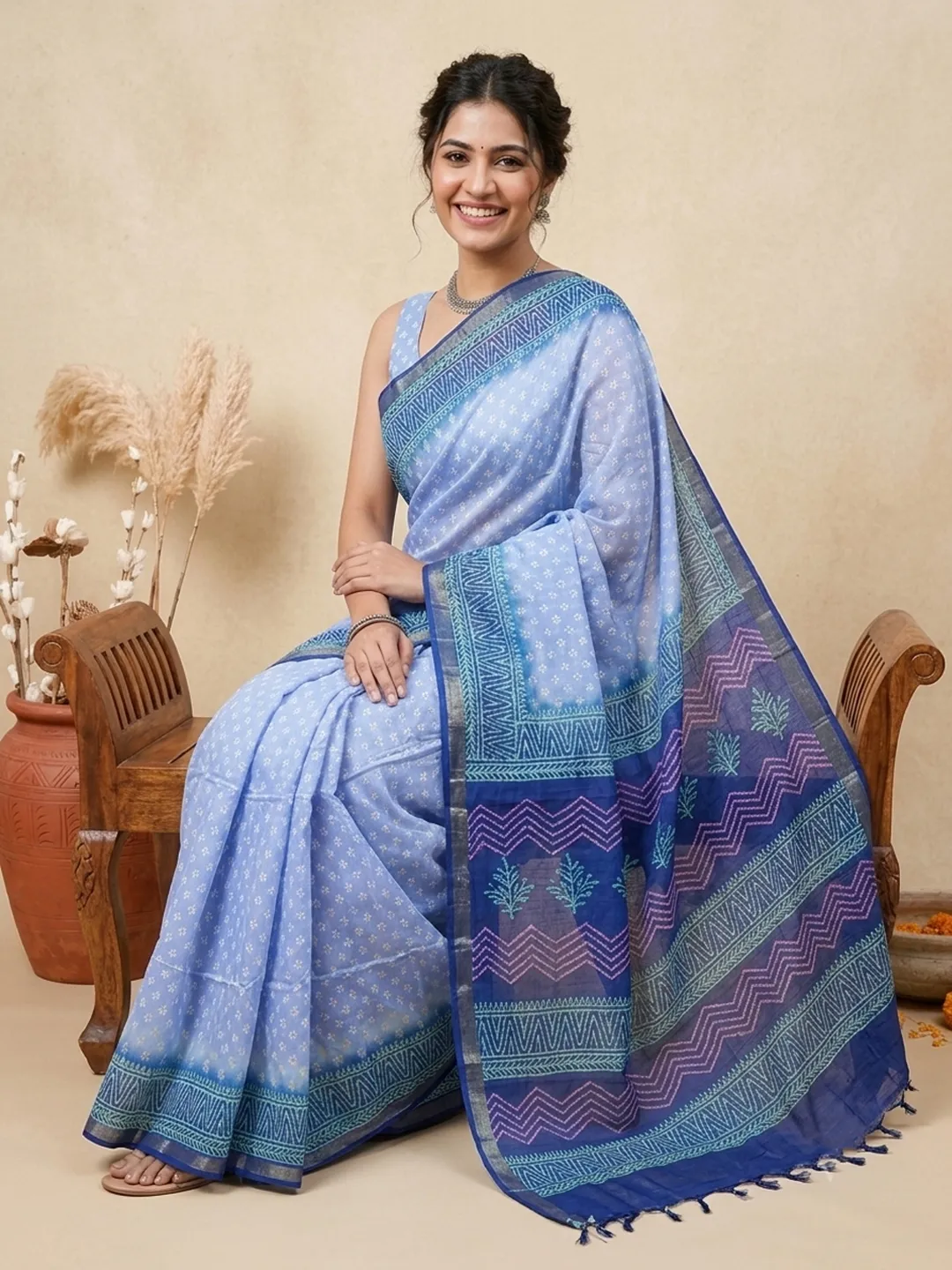 Blue Bhagalpuri Soft Silk Saree With Printed Border & Designer Pallu - View 2