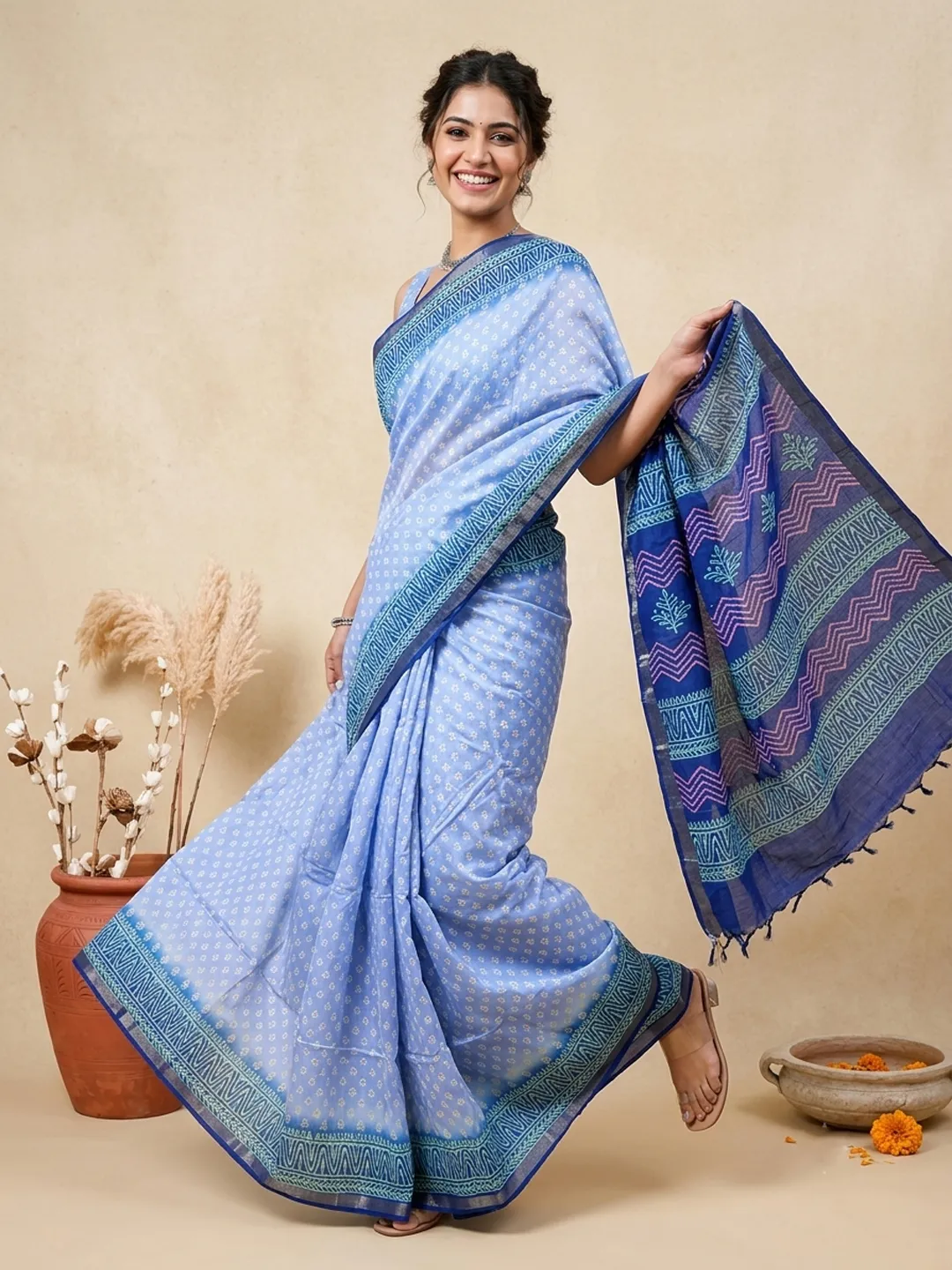 Blue Bhagalpuri Soft Silk Saree With Printed Border & Designer Pallu - View 1