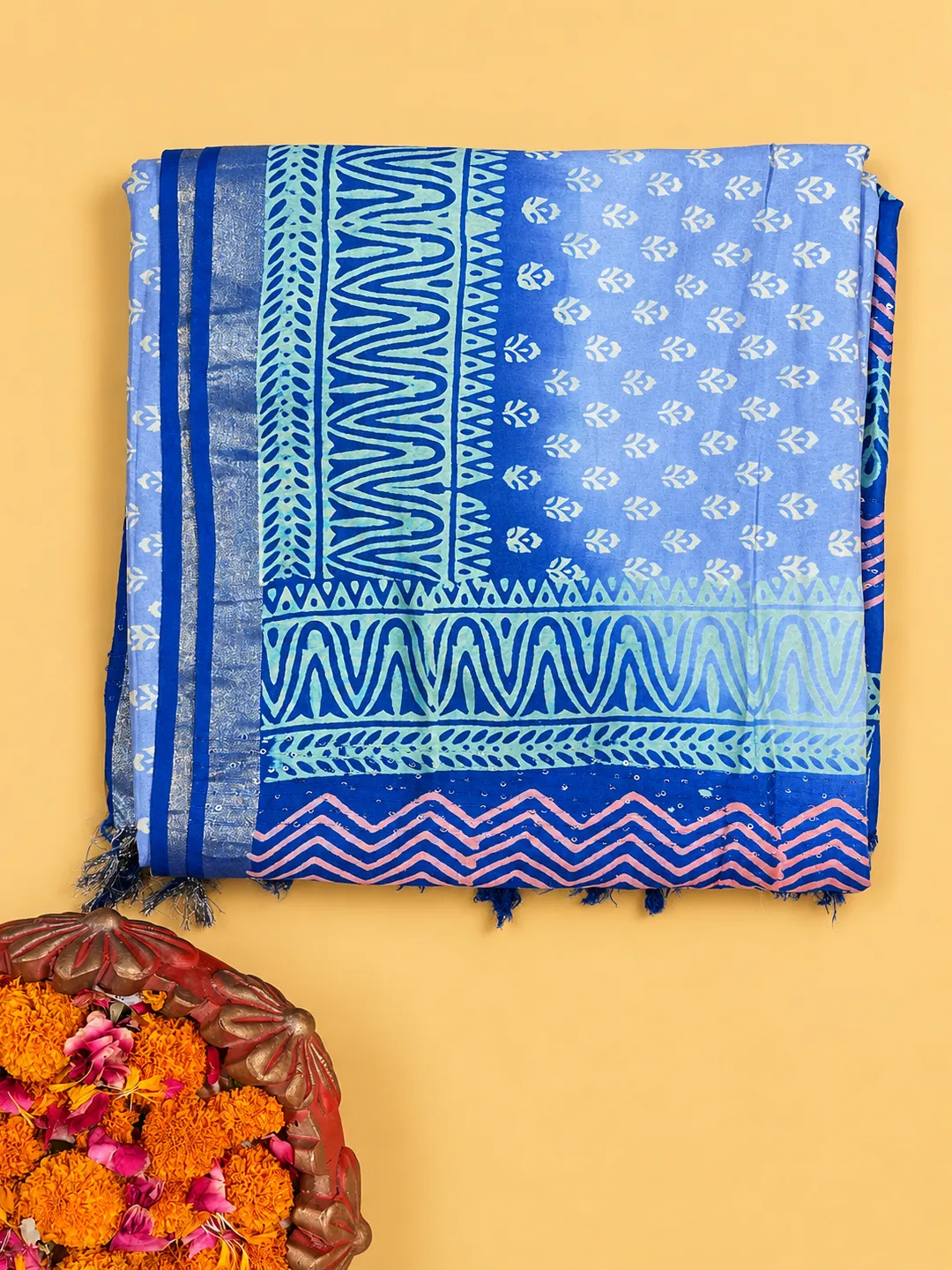 Blue Bhagalpuri Soft Silk Saree With Printed Border & Designer Pallu - View 5