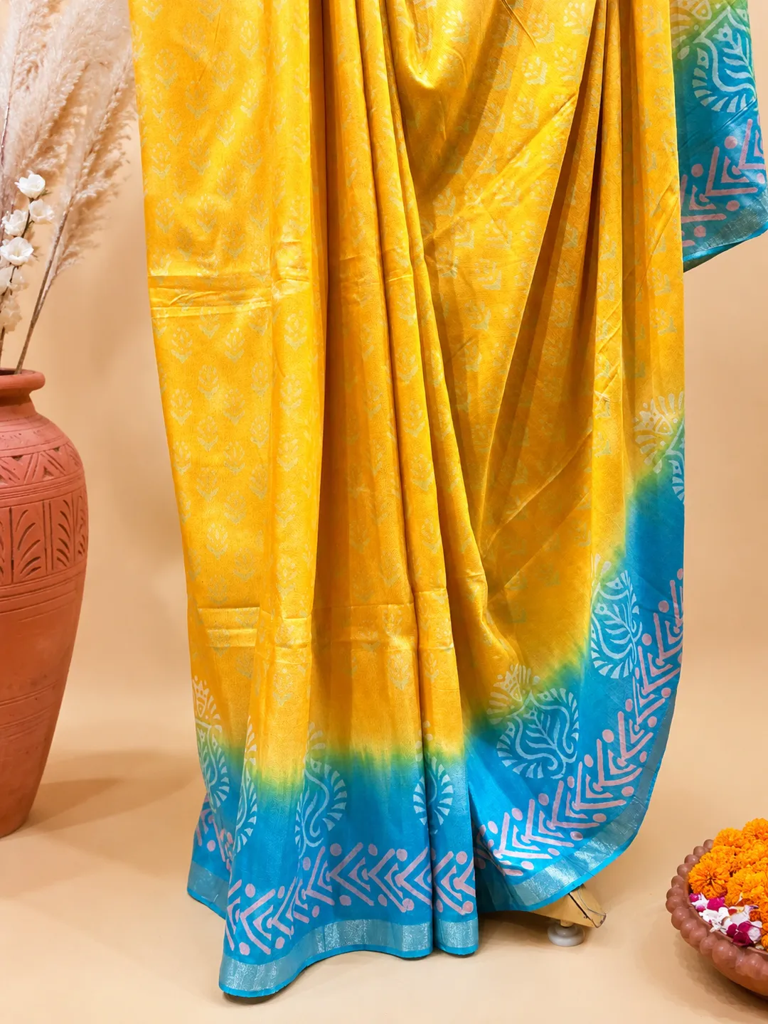 Mustard And Sky Blue Bhagalpuri Soft Silk Saree With Printed Pallu - View 4