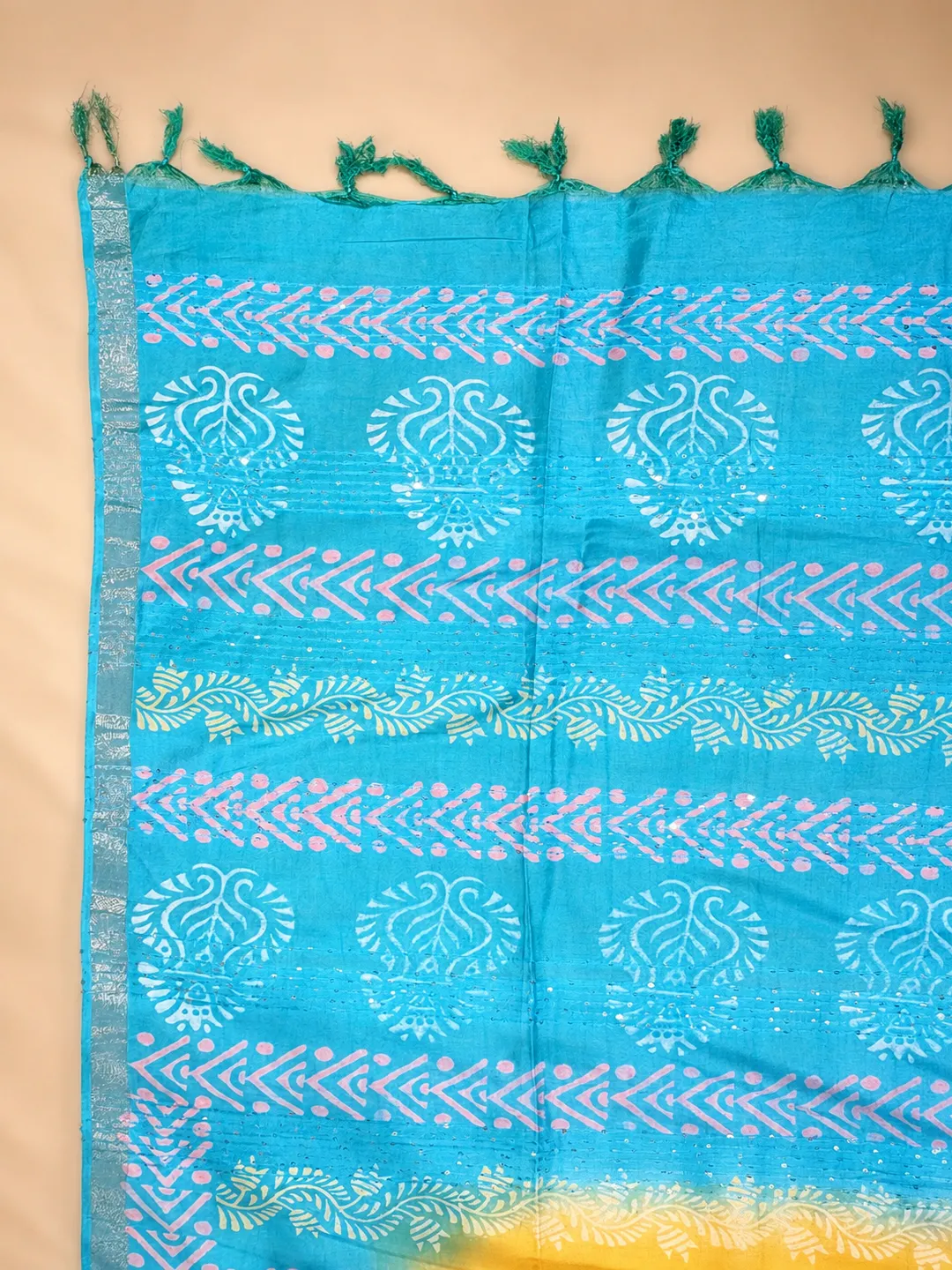 Mustard And Sky Blue Bhagalpuri Soft Silk Saree With Printed Pallu - View 6