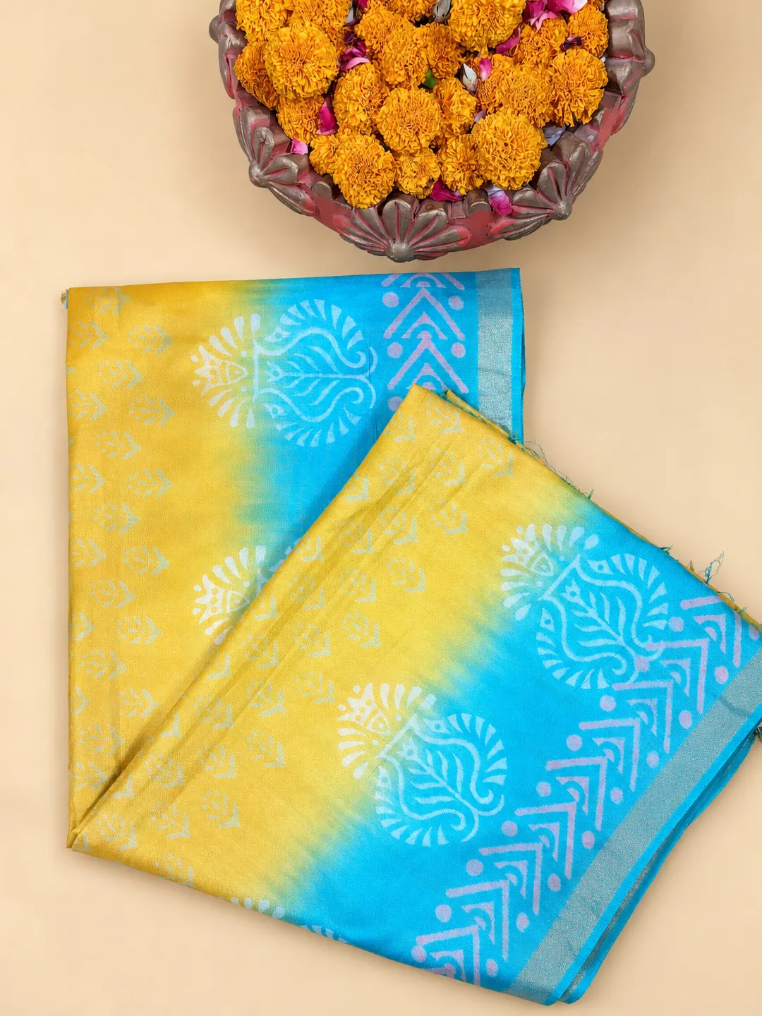 Mustard And Sky Blue Bhagalpuri Soft Silk Saree With Printed Pallu - View 5
