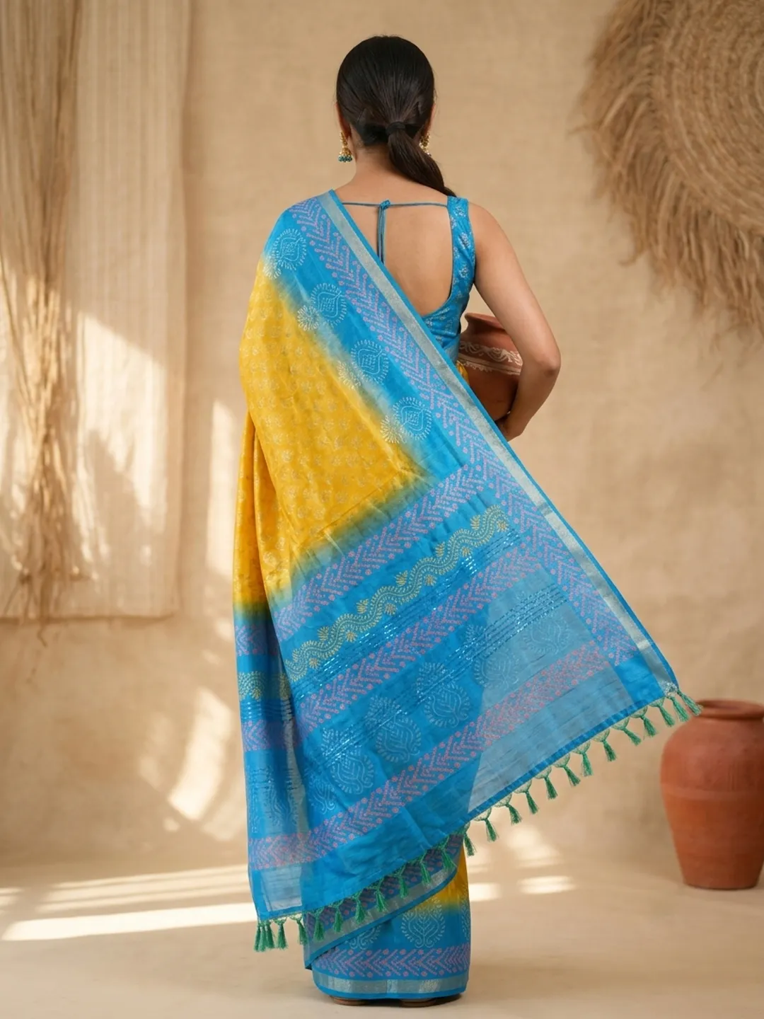 Mustard And Sky Blue Bhagalpuri Soft Silk Saree With Printed Pallu - View 2