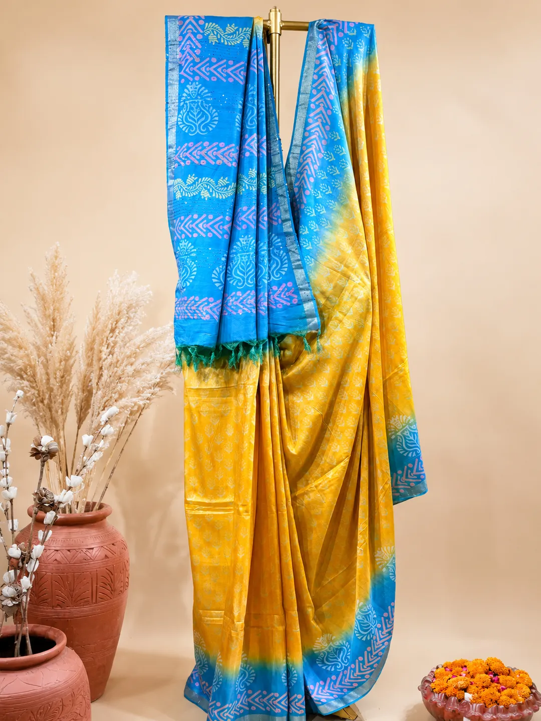 Mustard And Sky Blue Bhagalpuri Soft Silk Saree With Printed Pallu - View 3