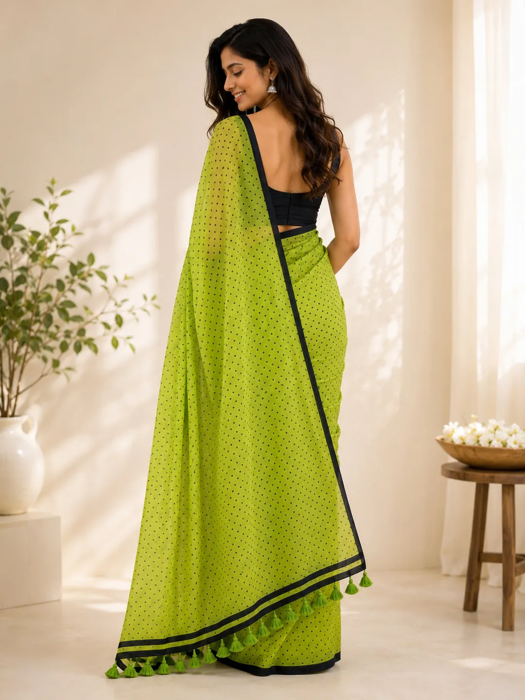 Green Bengal Mul Cotton Saree With Polka Dot Print & Tassel Pallu - View 2