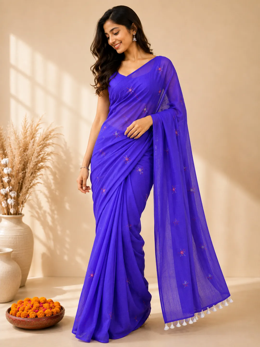 Blue Royal Blue Bengal Khadi Cotton Saree With Floral Embroidery & Tassel Pallu