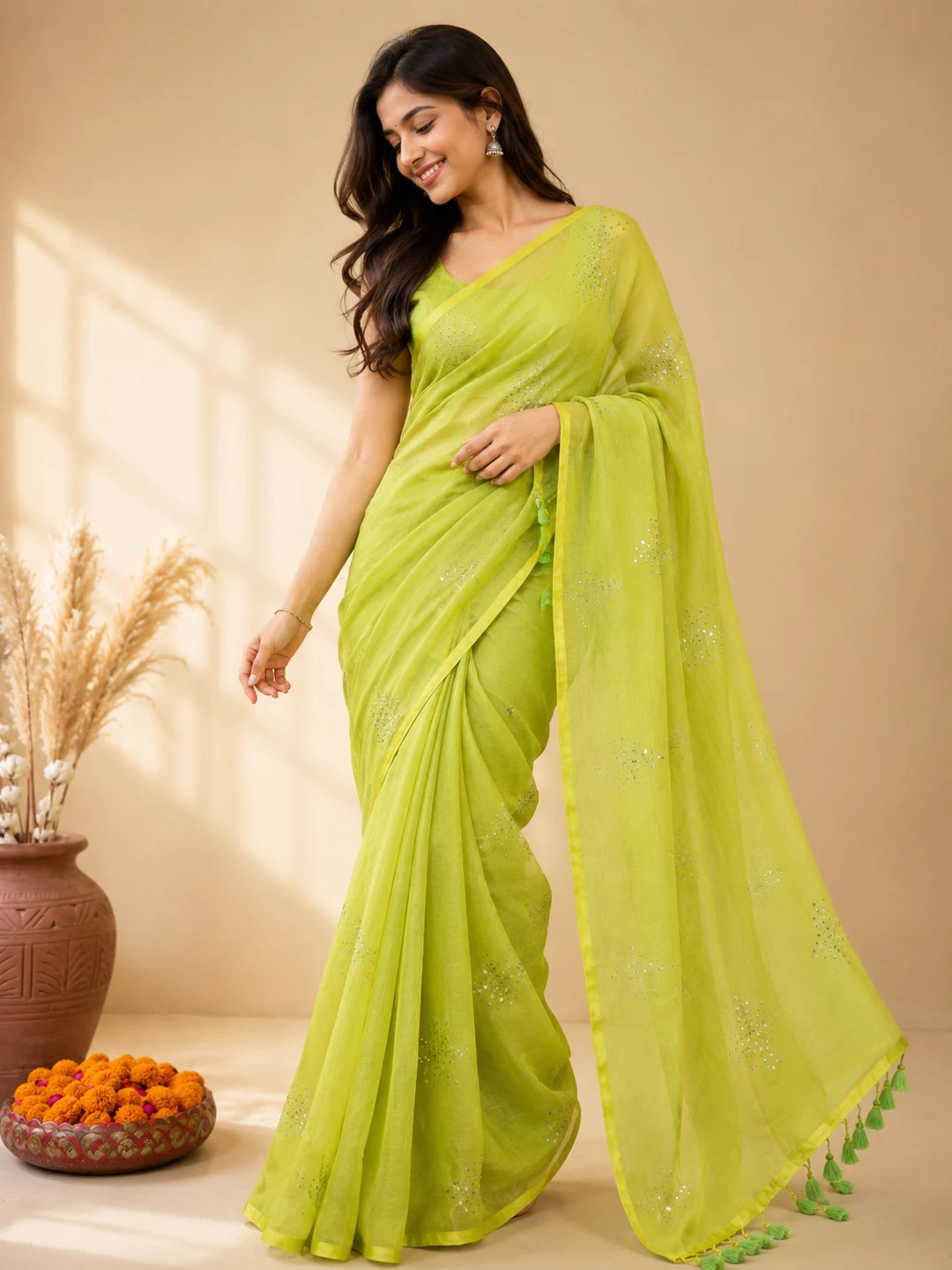 Green Bengal Mul Cotton Saree With Sequin Embellishments & Tassel Pallu