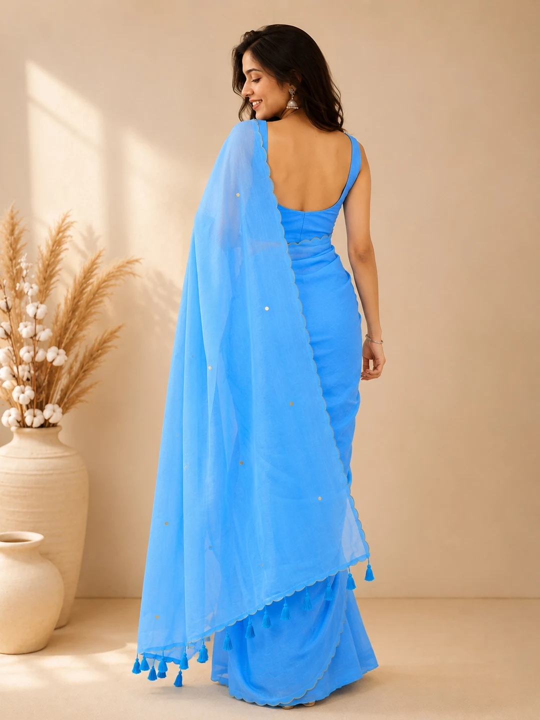Blue Bengal Mul Cotton Saree With Mirror Work & Tassel Pallu - View 2