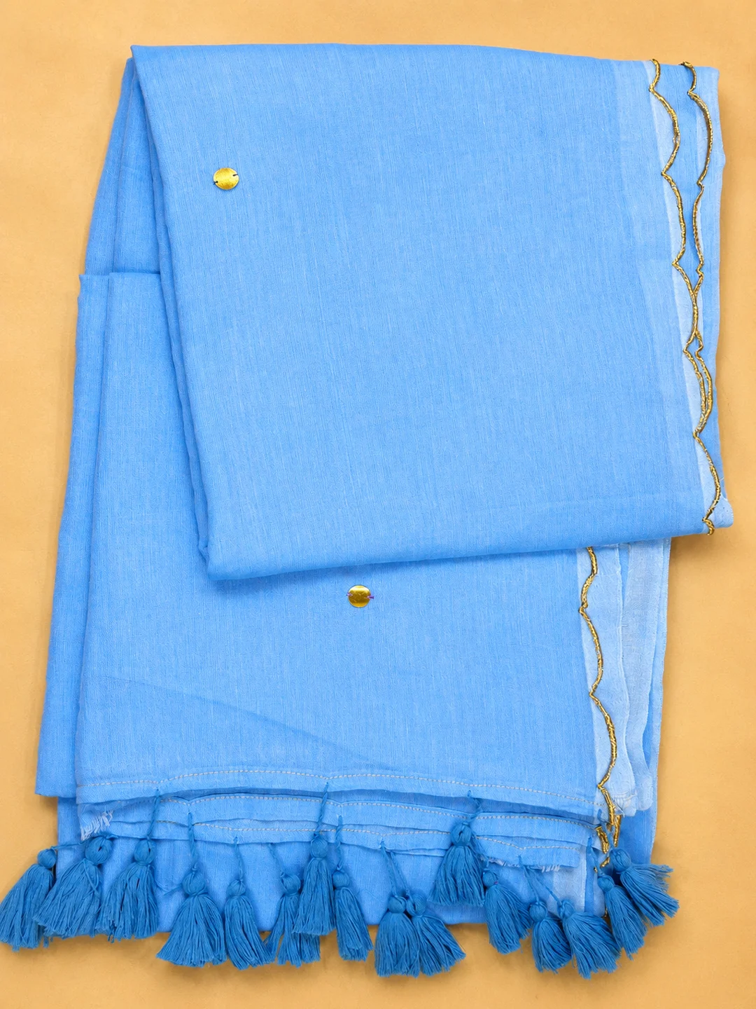 Blue Bengal Mul Cotton Saree With Mirror Work & Tassel Pallu - View 7