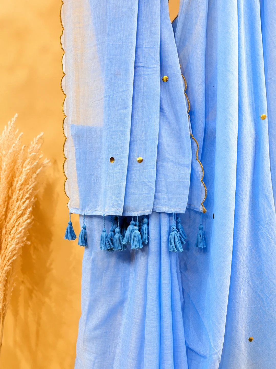 Blue Bengal Mul Cotton Saree With Mirror Work & Tassel Pallu - View 5