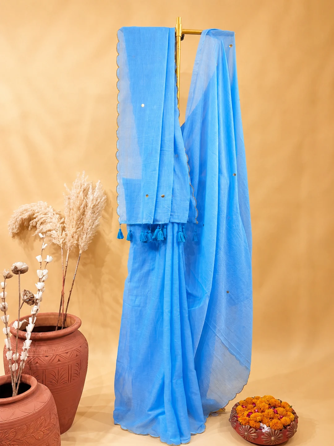 Blue Bengal Mul Cotton Saree With Mirror Work & Tassel Pallu - View 3