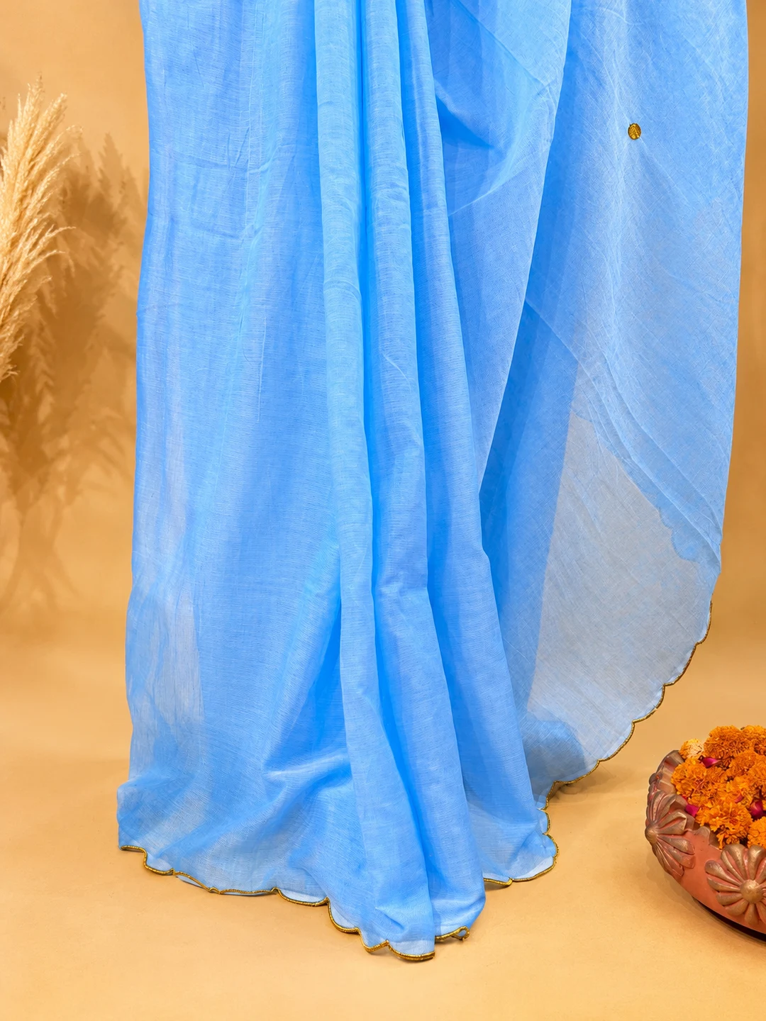 Blue Bengal Mul Cotton Saree With Mirror Work & Tassel Pallu - View 6