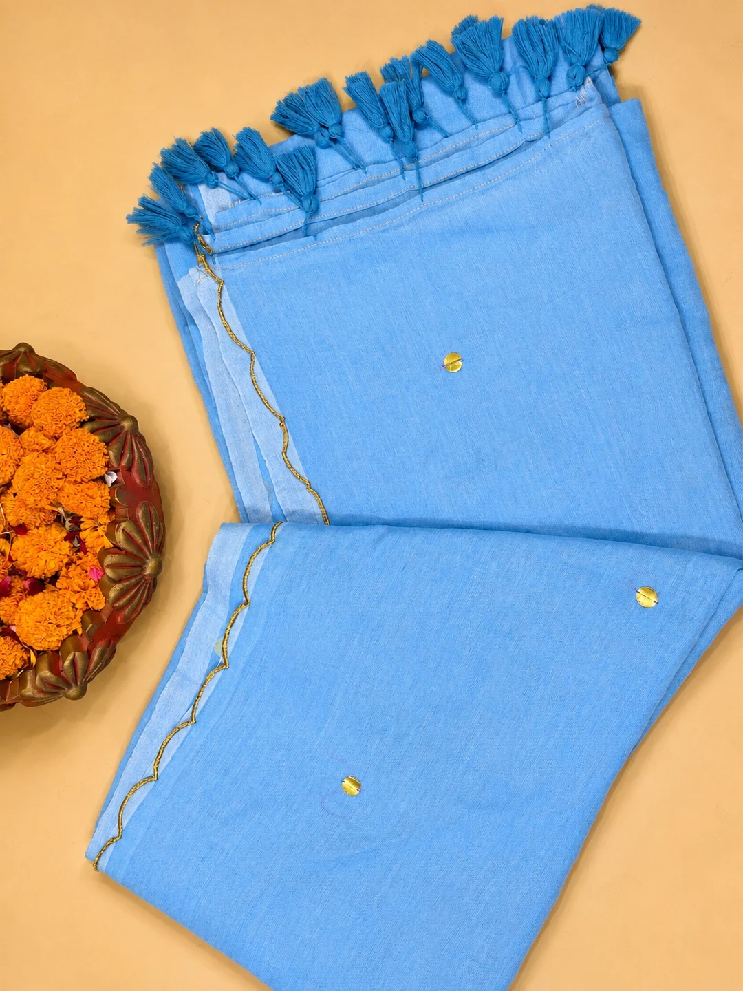 Blue Bengal Mul Cotton Saree With Mirror Work & Tassel Pallu - View 8