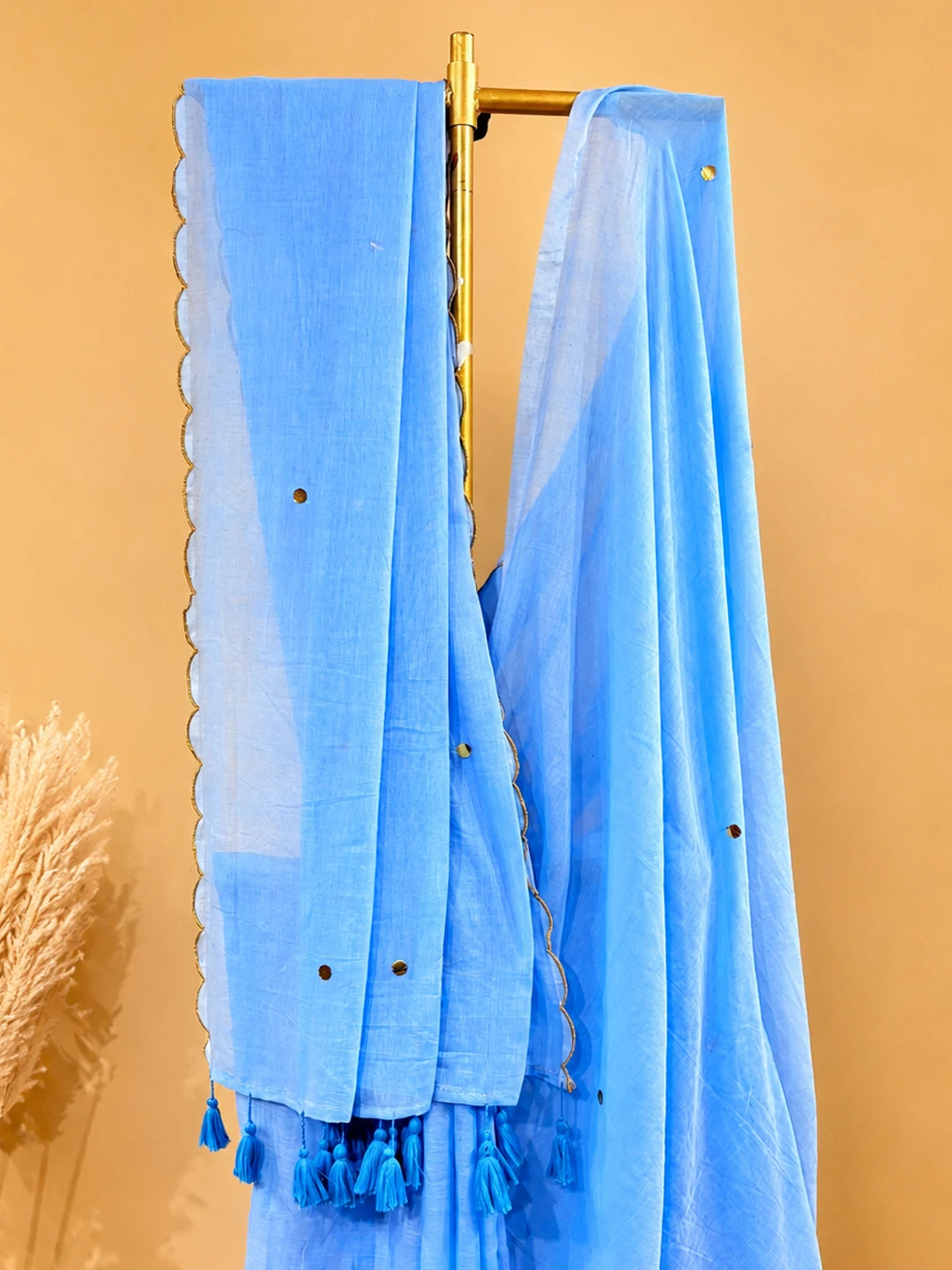 Blue Bengal Mul Cotton Saree With Mirror Work & Tassel Pallu - View 4