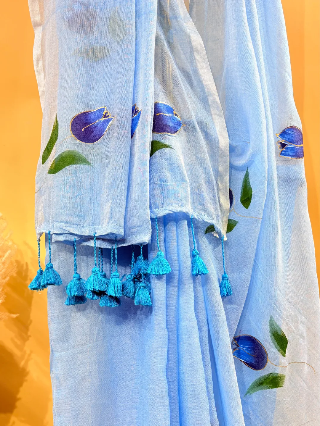 Blue Bengal Mul Cotton Hand-Painted Saree With Floral Motifs & Tassel Pallu - View 6