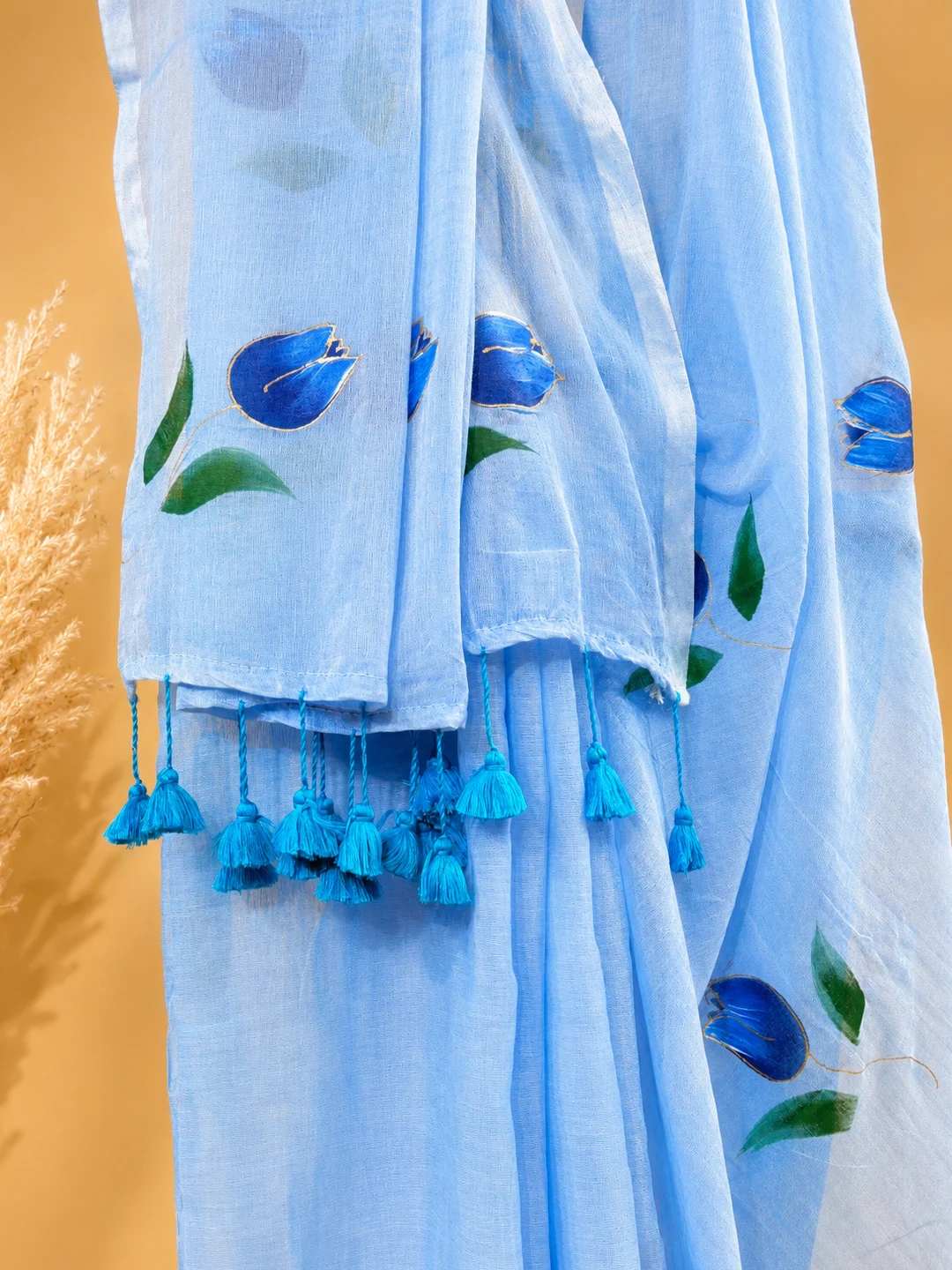 Blue Bengal Mul Cotton Hand-Painted Saree With Floral Motifs & Tassel Pallu - View 7
