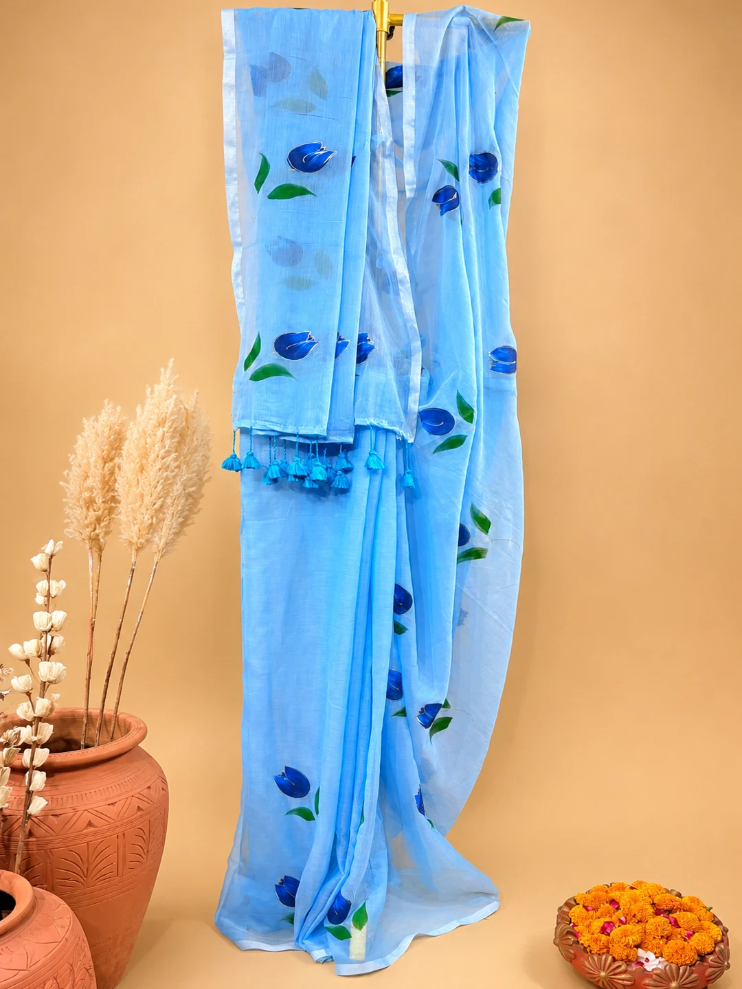 Blue Bengal Mul Cotton Hand-Painted Saree With Floral Motifs & Tassel Pallu - View 3