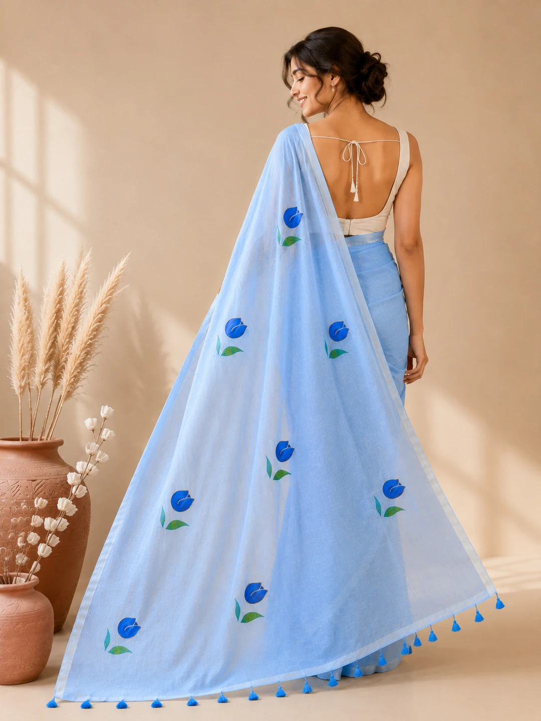 Blue Bengal Mul Cotton Hand-Painted Saree With Floral Motifs & Tassel Pallu - View 2