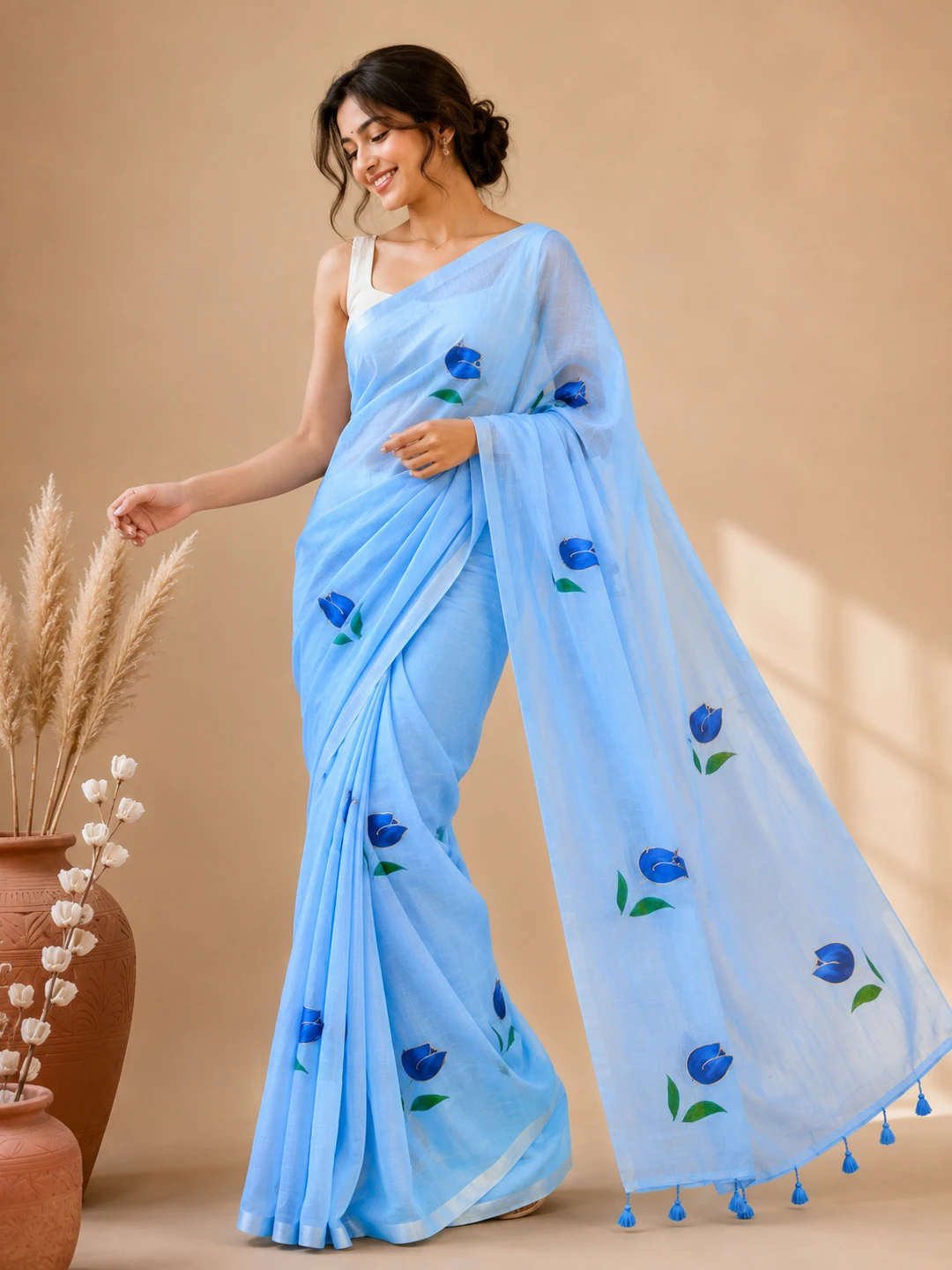 Blue Bengal Mul Cotton Hand-Painted Saree With Floral Motifs & Tassel Pallu