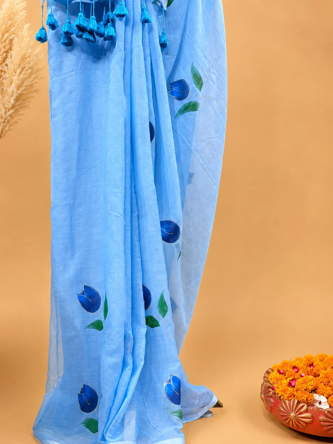 Blue Bengal Mul Cotton Hand-Painted Saree With Floral Motifs & Tassel Pallu - View 5