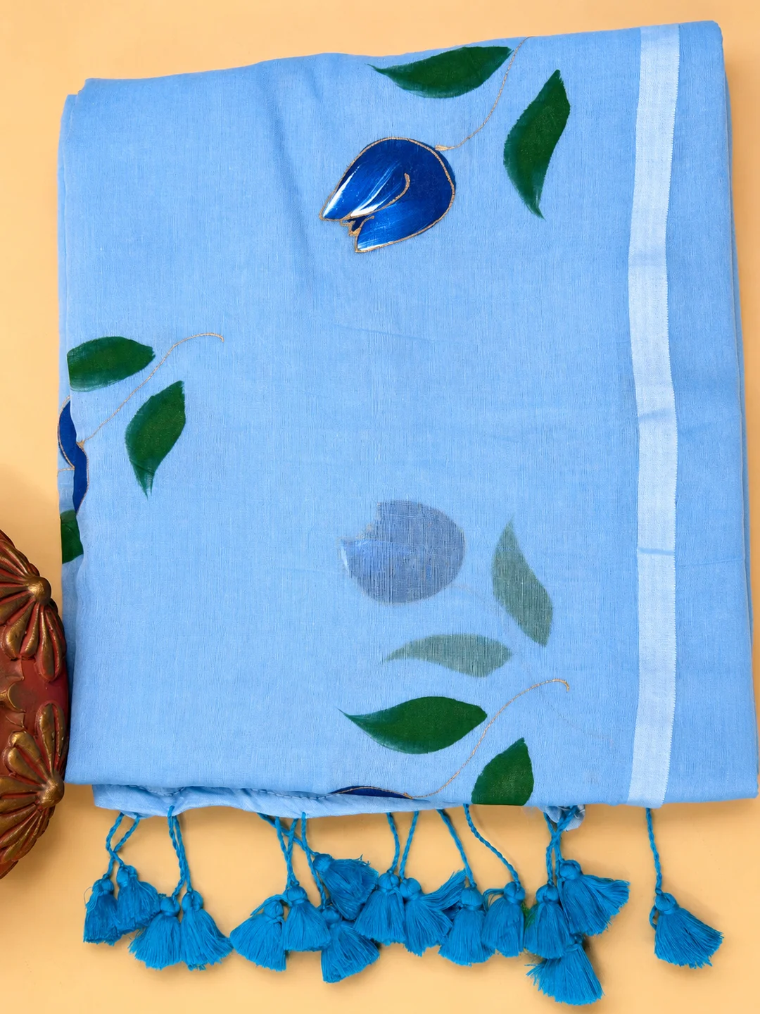 Blue Bengal Mul Cotton Hand-Painted Saree With Floral Motifs & Tassel Pallu - View 8