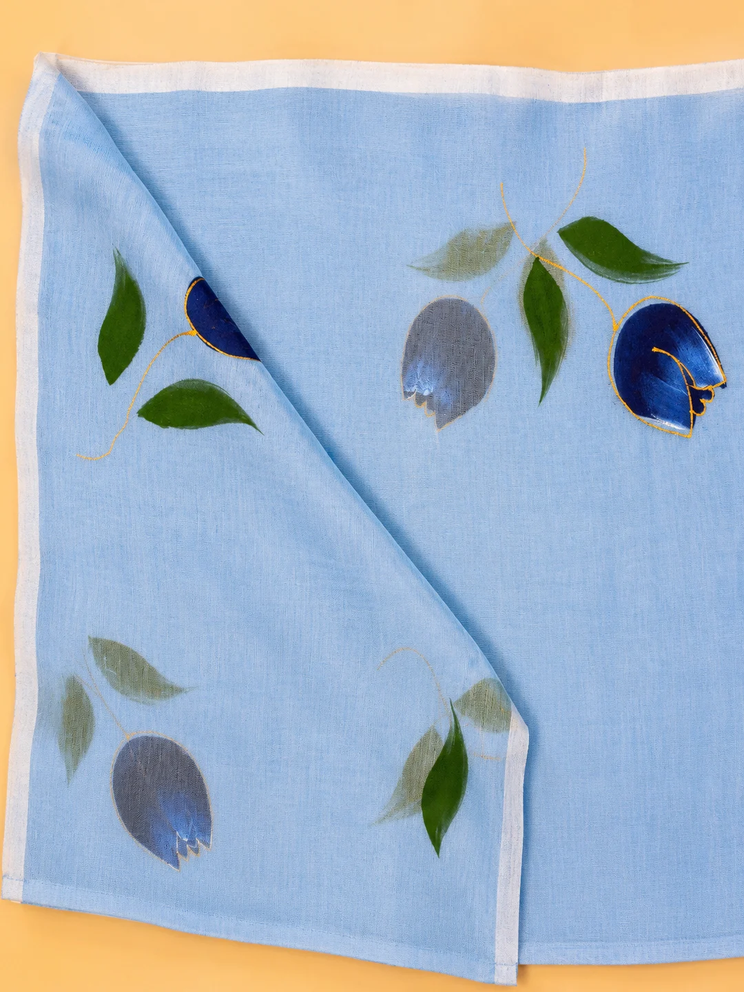 Blue Bengal Mul Cotton Hand-Painted Saree With Floral Motifs & Tassel Pallu - View 9