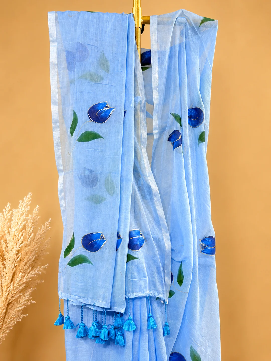 Blue Bengal Mul Cotton Hand-Painted Saree With Floral Motifs & Tassel Pallu - View 4