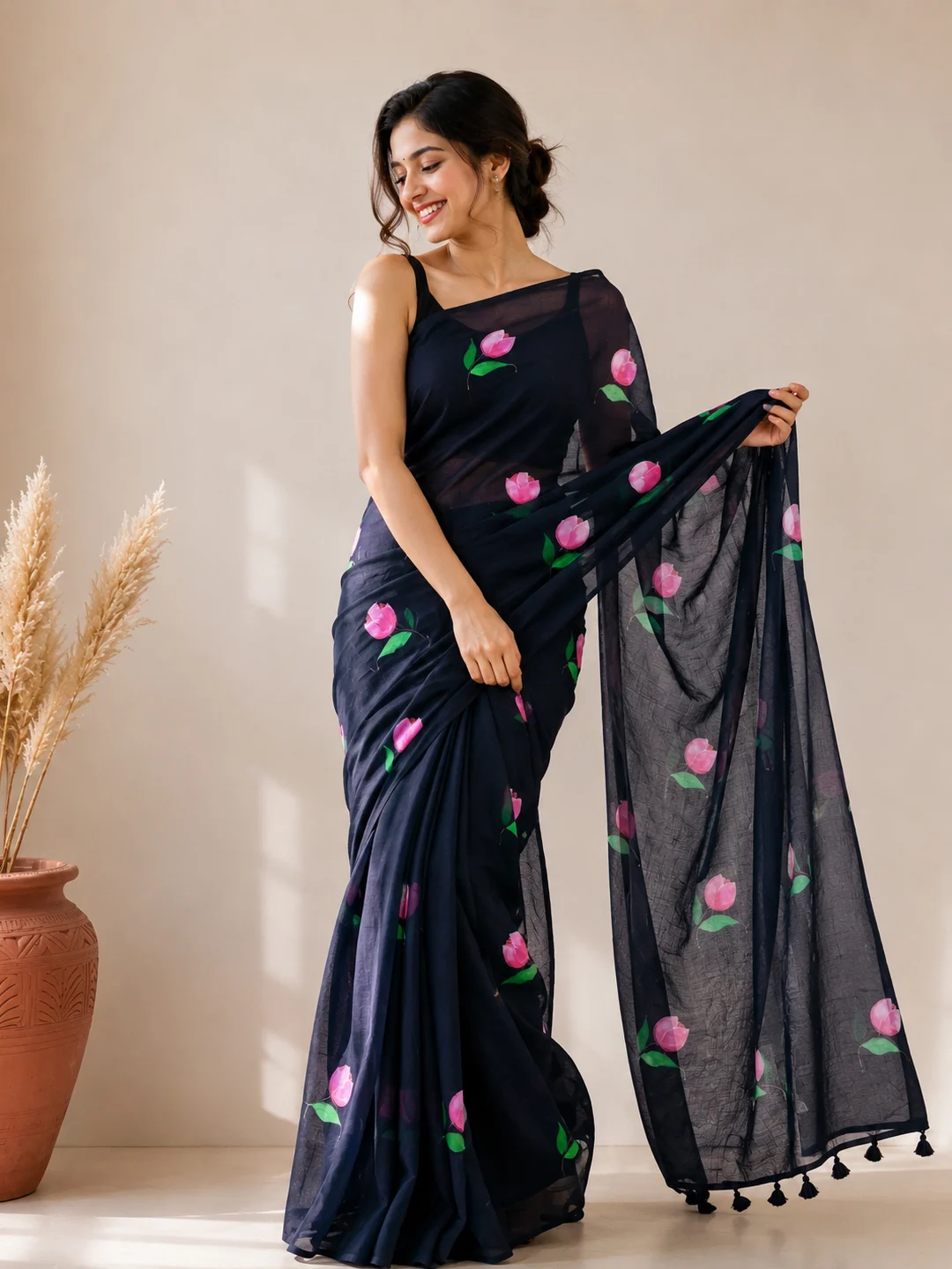 Black Bengal Mul Cotton Hand-Painted Tulip Saree With Tassel Pallu - View 1