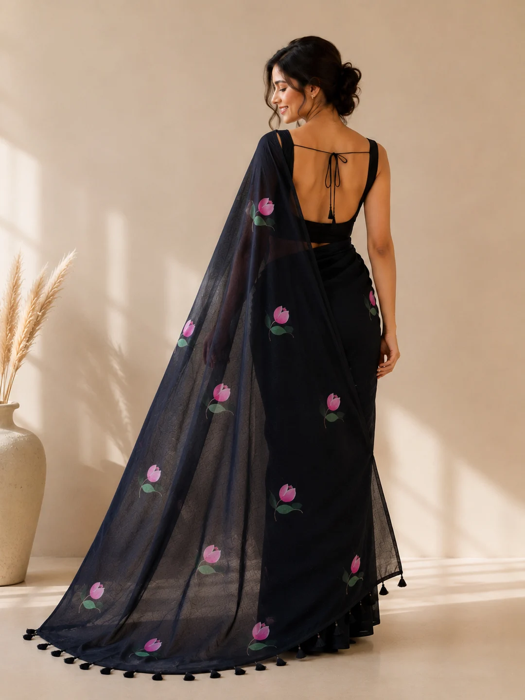 Black Bengal Mul Cotton Hand-Painted Tulip Saree With Tassel Pallu - View 2