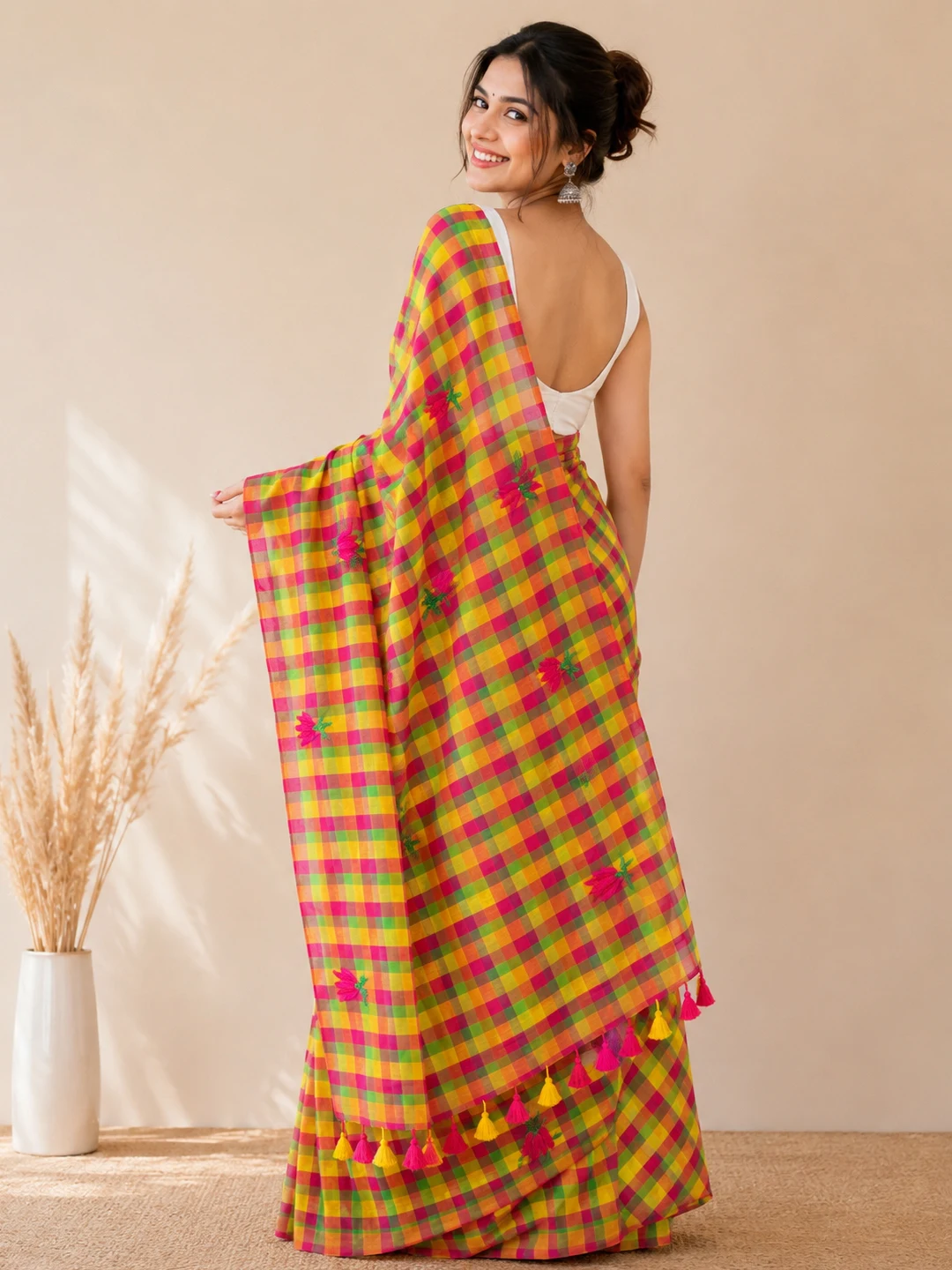 Multicolour Bengal Mul Cotton Checked Saree With Floral Embroidery & Tassel Pallu - View 2
