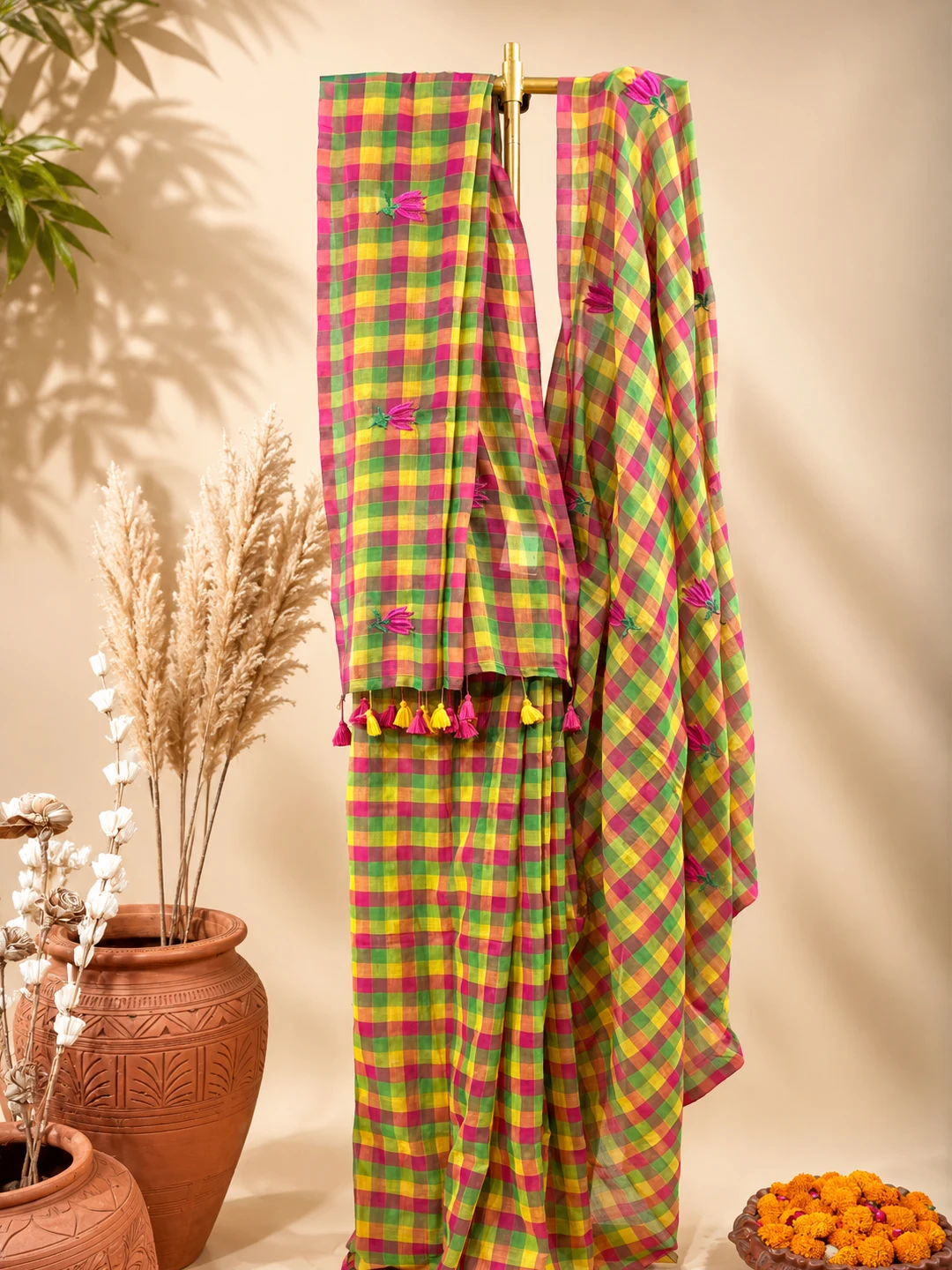 Multicolour Bengal Mul Cotton Checked Saree With Floral Embroidery & Tassel Pallu - View 3