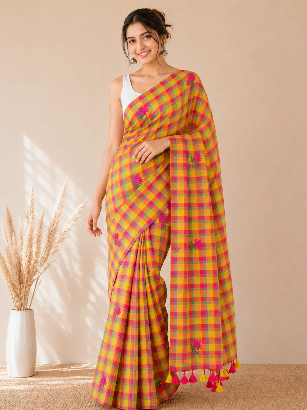 Multicolour Bengal Mul Cotton Checked Saree With Floral Embroidery & Tassel Pallu