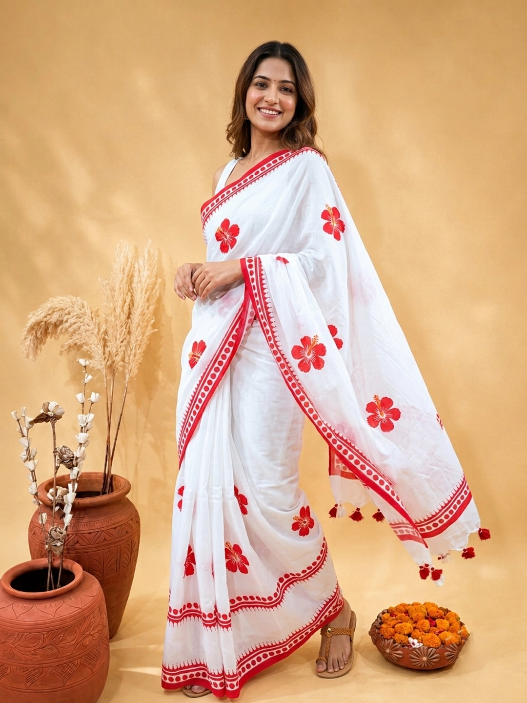 White Bengal Cotton Saree With Floral Print And Contrast Red Border - View 1