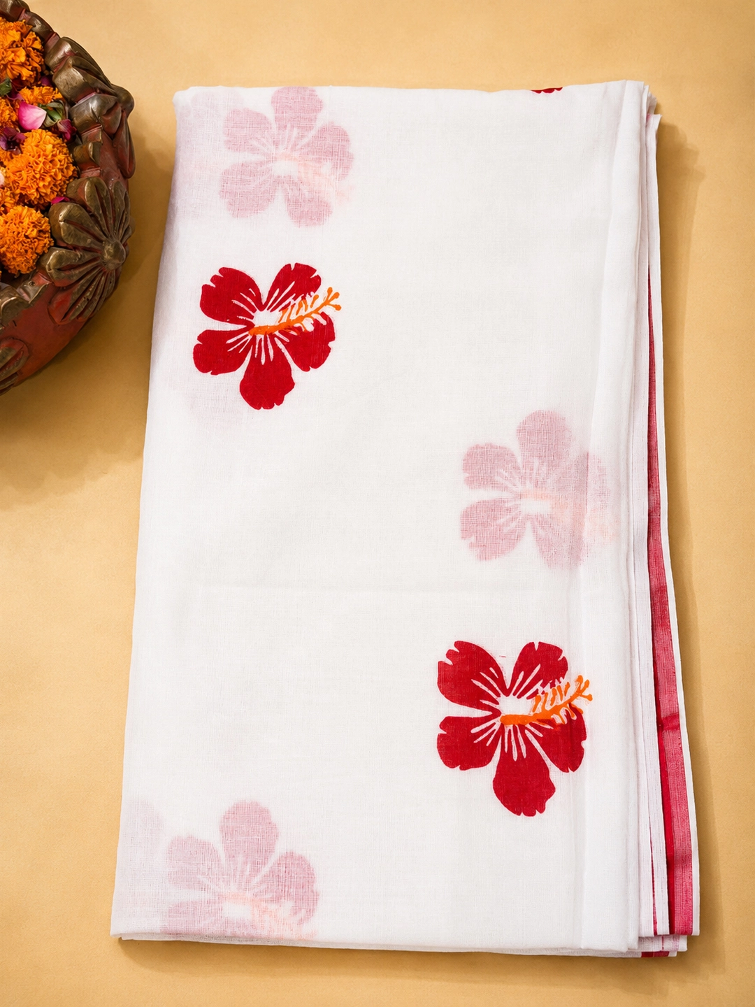 White Bengal Cotton Saree With Floral Print And Contrast Red Border - View 8