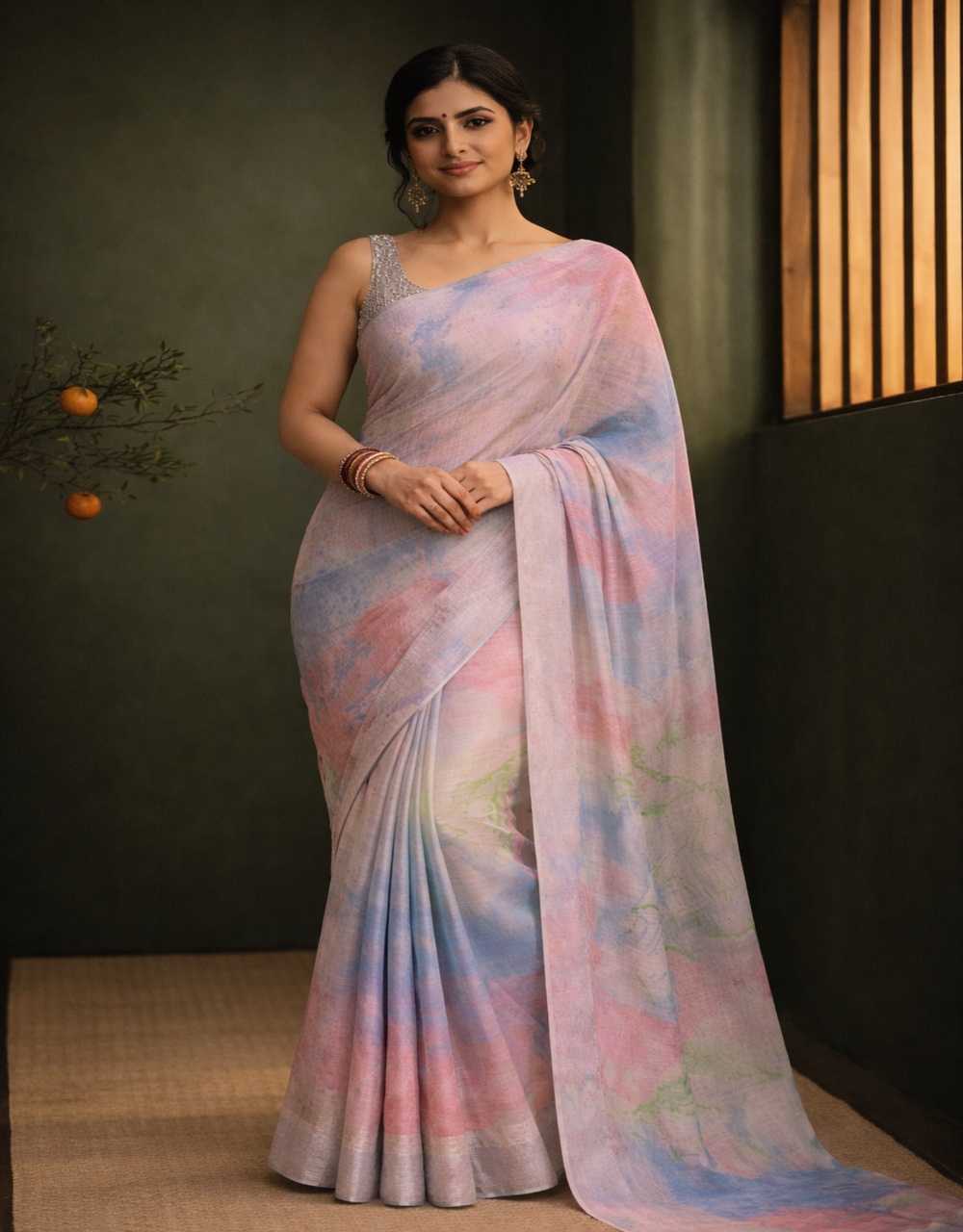 Light Blue And Rose Cotton Slub Marble Print Saree