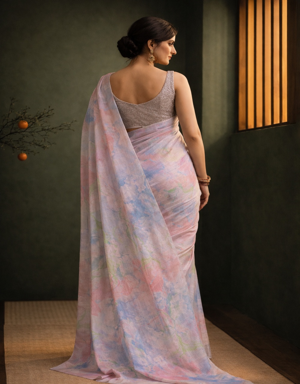 Hovered view of Light Blue And Rose Cotton Slub Marble Print Saree