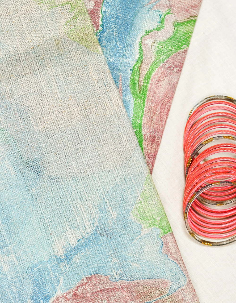 Light Blue And Rose Cotton Slub Marble Print Saree - View 3