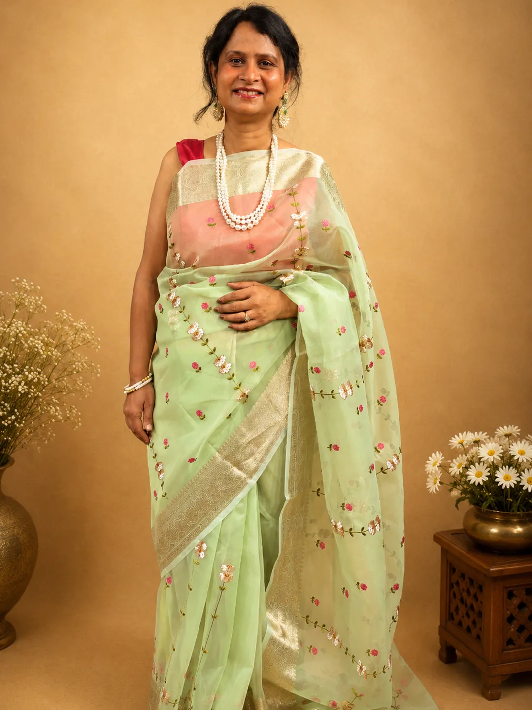  Sea Green Organza Blend Mixed Embroidery Small Flowers Design Saree Sea Green Front view