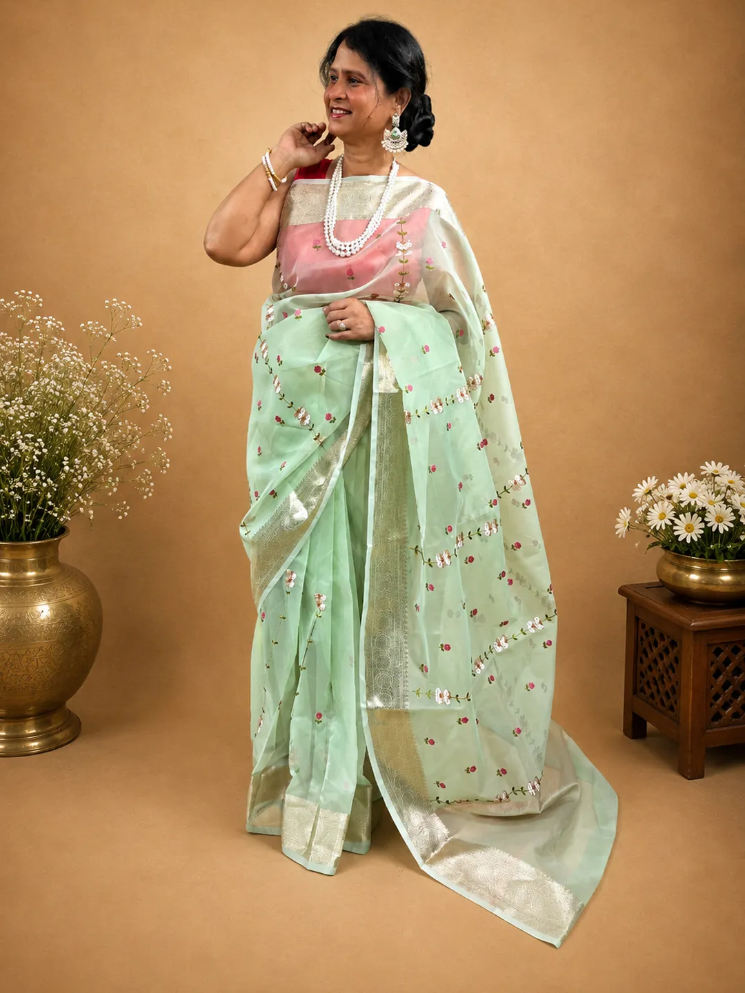 Sea Green Organza Blend Mixed Embroidery Small Flowers Design Saree Sea Green Front view