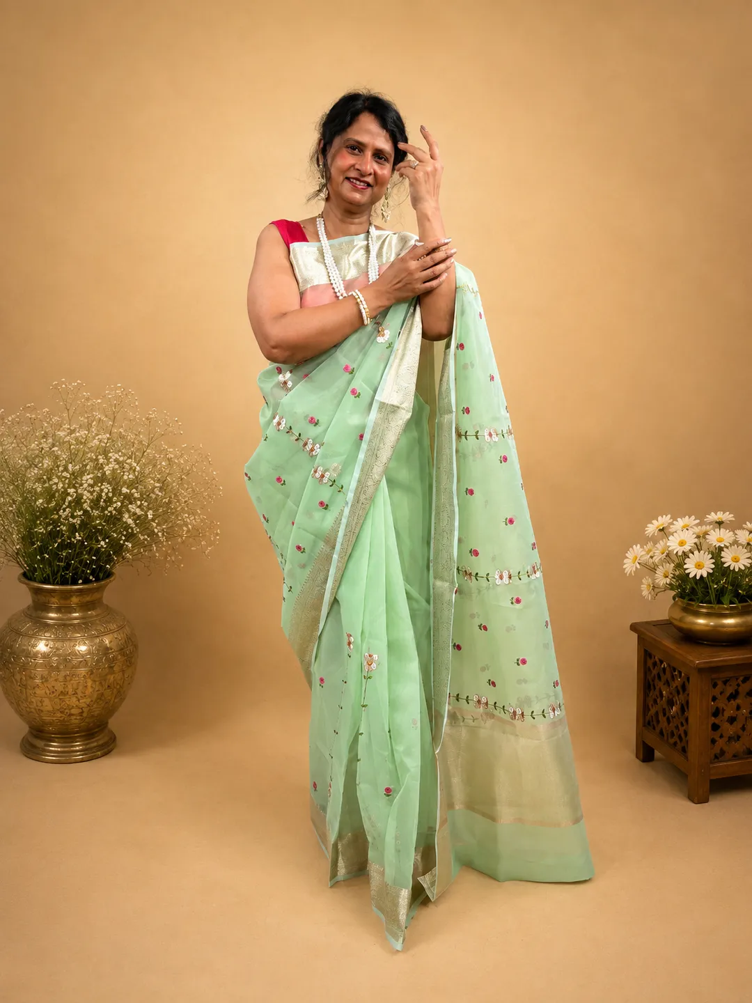 Sea Green Organza Blend Mixed Embroidery Small Flowers Design Saree Sea Green