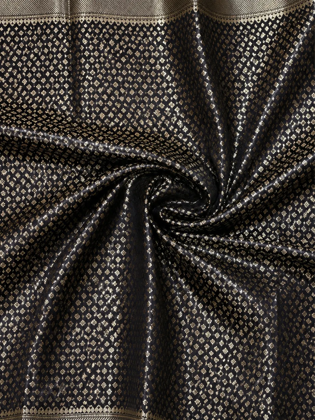 Black Banarasi Mango Silk Saree In Jet Black With Silver And Antique Gold Zari front view