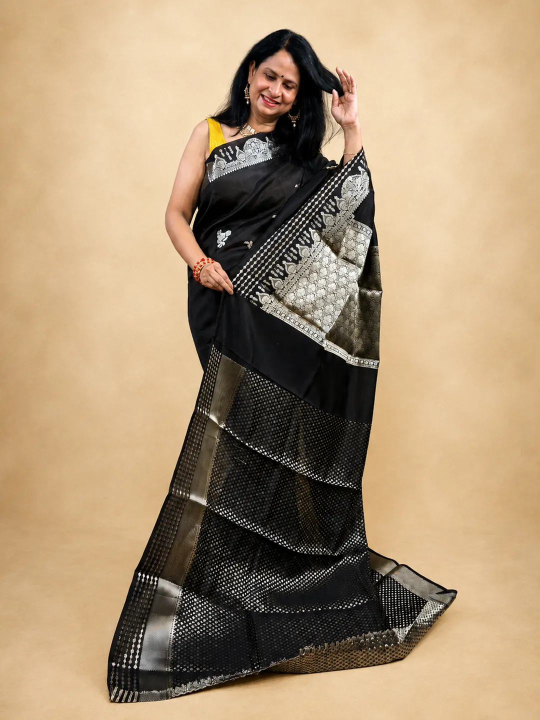 Black Banarasi Mango Silk Saree In Jet Black With Silver And Antique Gold Zari front view