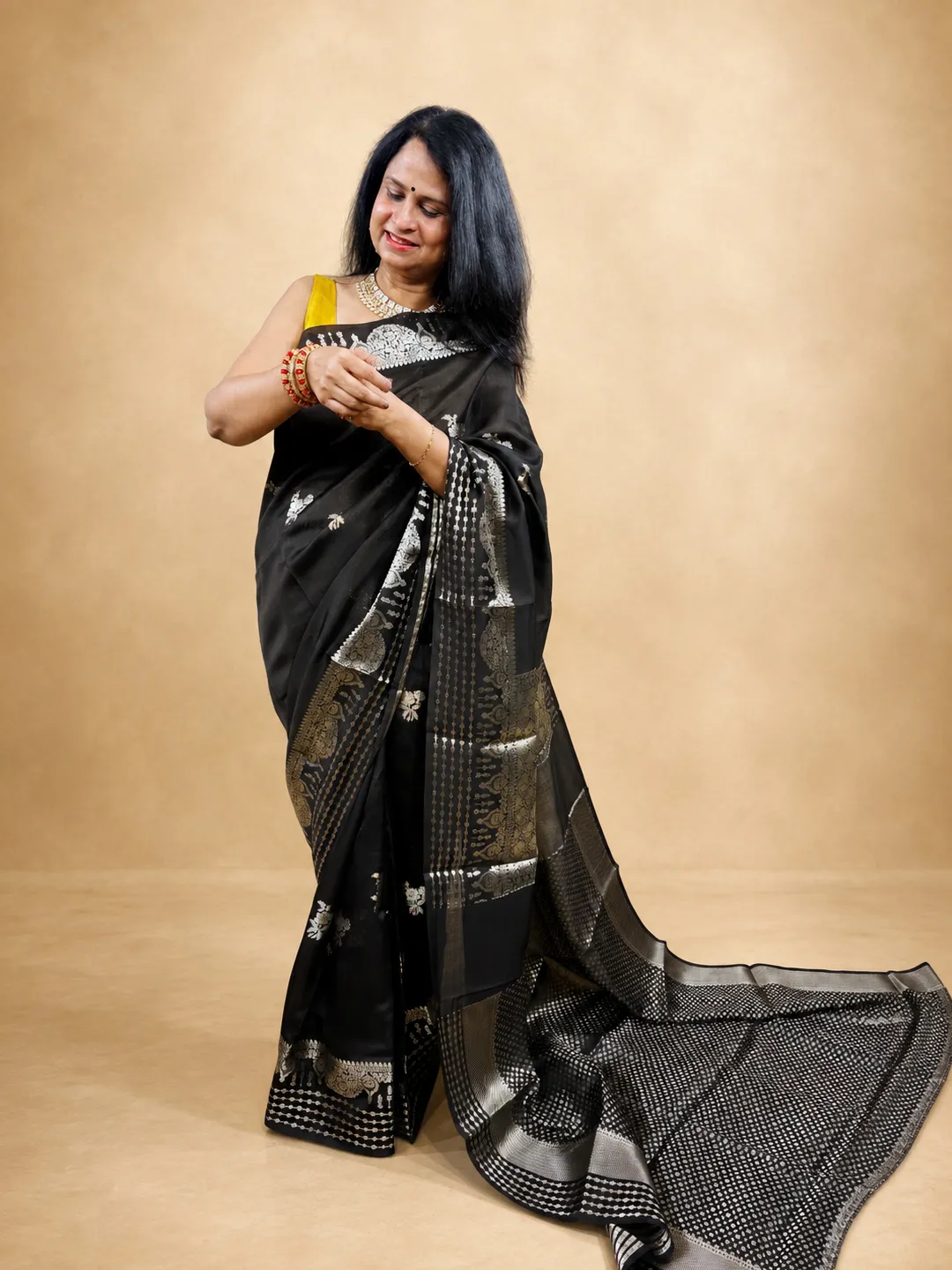 Black Banarasi Mango Silk Saree In Jet Black With Silver And Antique Gold Zari front view