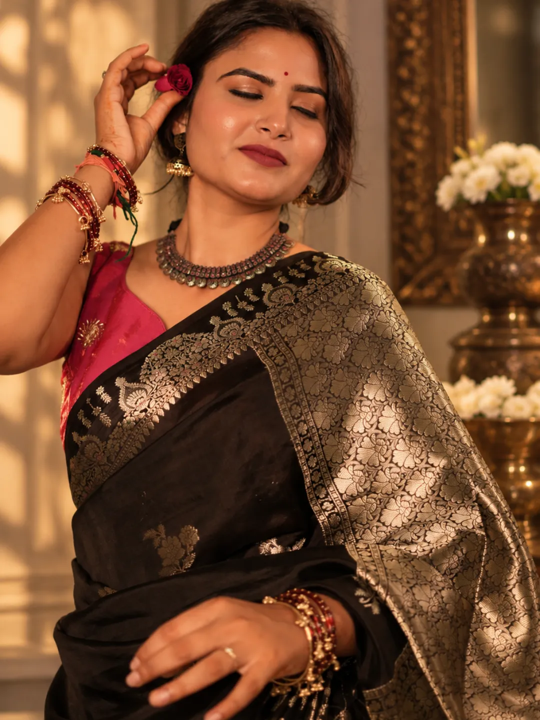 Black Banarasi Mango Silk Saree In Jet Black With Silver And Antique Gold Zari