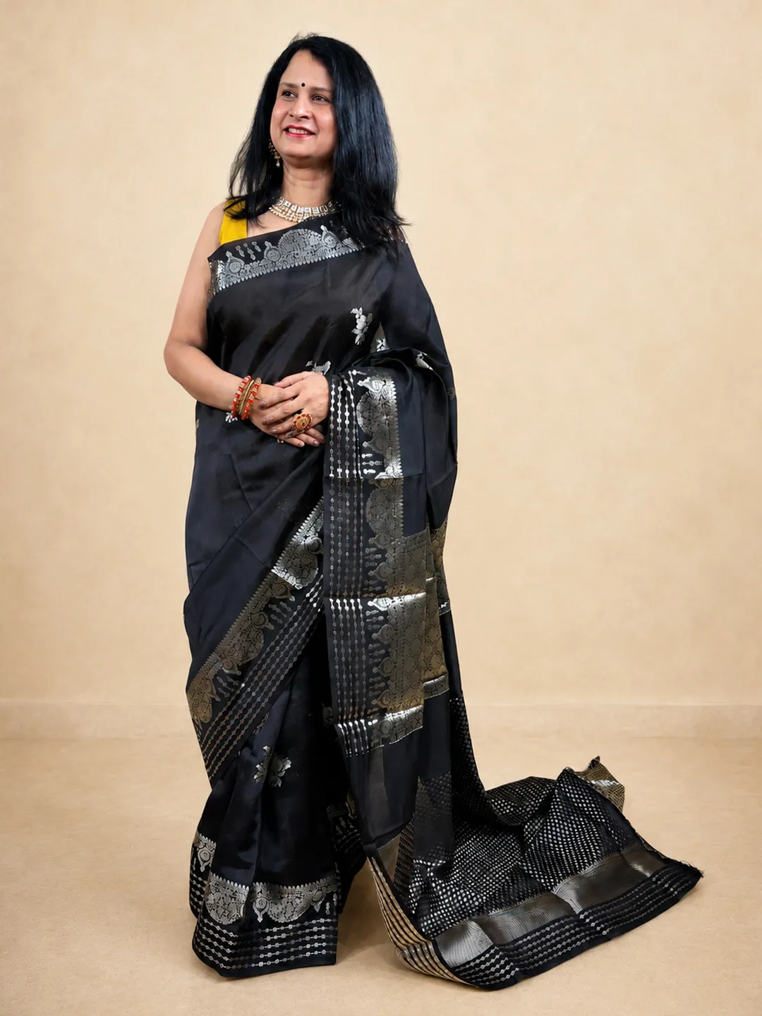 Black Banarasi Mango Silk Saree In Jet Black With Silver And Antique Gold Zari front view