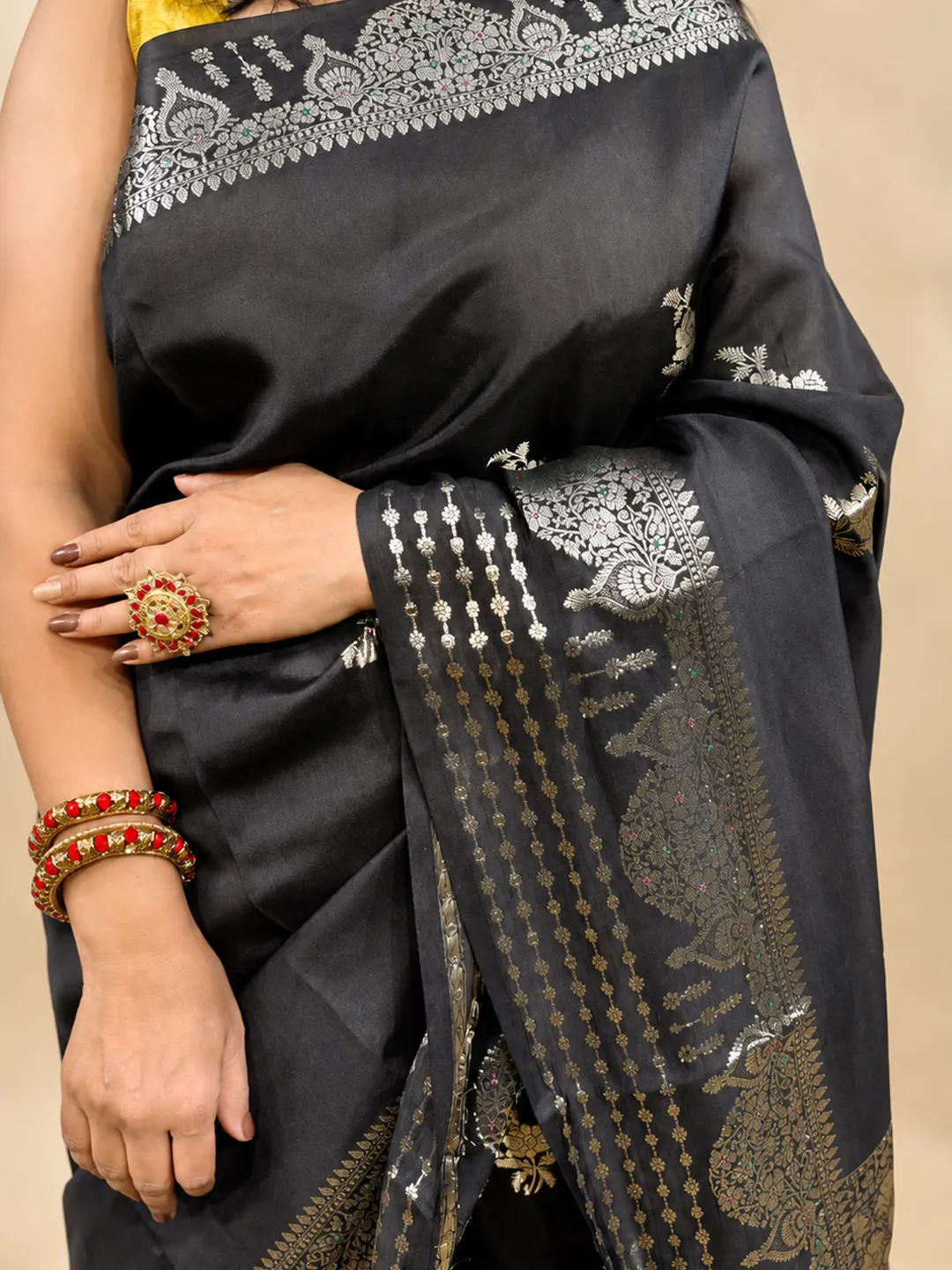 Black Banarasi Mango Silk Saree In Jet Black With Silver And Antique Gold Zari front view