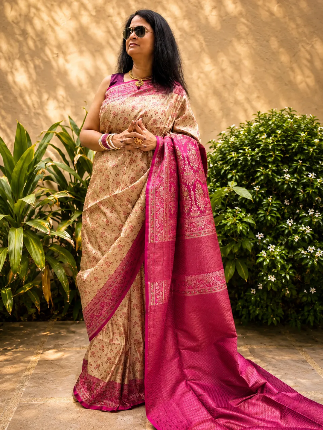  Beige Banarasi Tanchoi Silk Saree In Beige Gold With Magenta Pink Woven Border & Pallu Front view