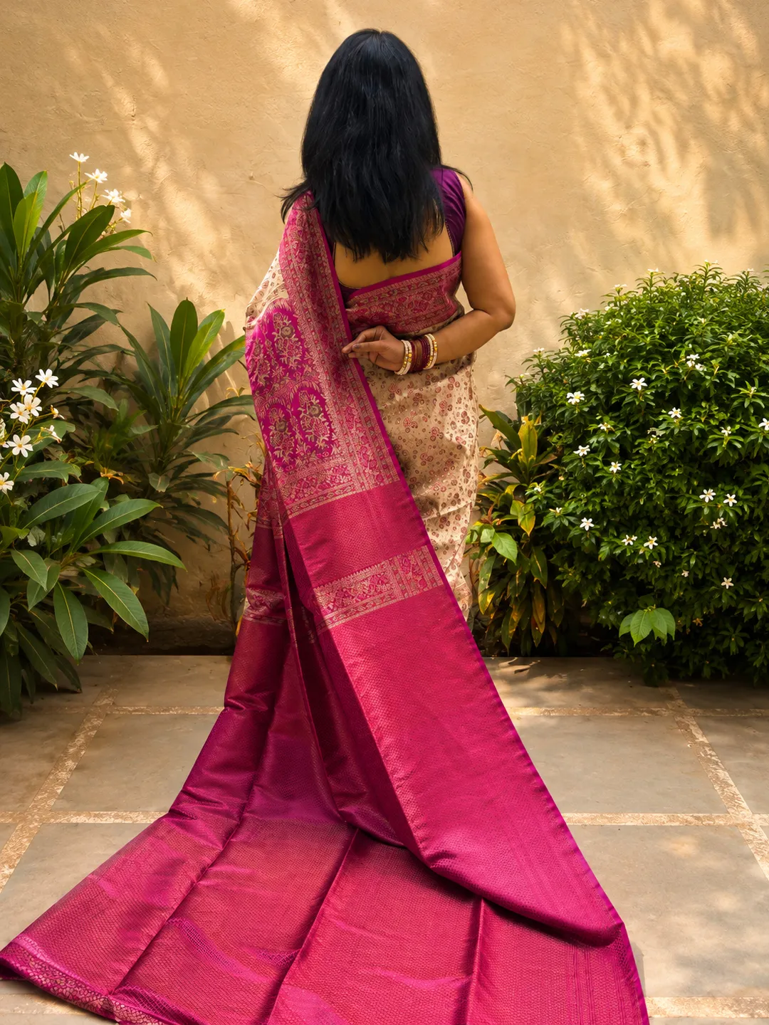  Beige Banarasi Tanchoi Silk Saree In Beige Gold With Magenta Pink Woven Border & Pallu Front view